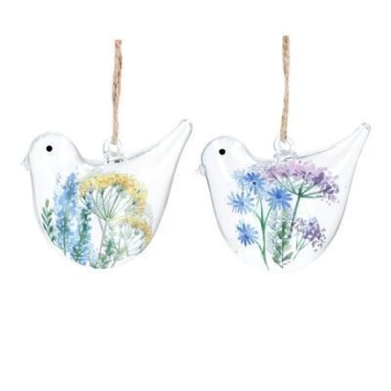 Spring Meadow Bird Glass Decoration By Gisela Graham Bird shaped hanging clear glass decoration with yellow blue and purple floral spring meadow detail. The perfect addition to your home for Easter and Spring. By Gisela Graham.